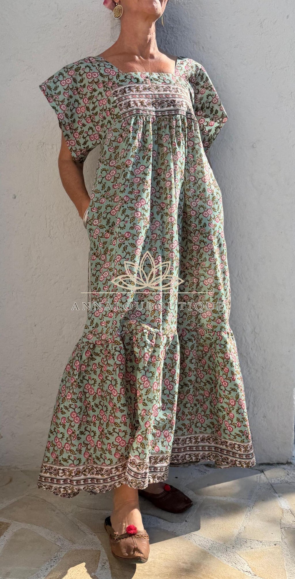 Flowy Soft Cotton Maxi Dress – Almond Green Floral Dress, Boho Chic Summer Outfit, Resort Wear for Women, Handmade Fashion, Limited Edition