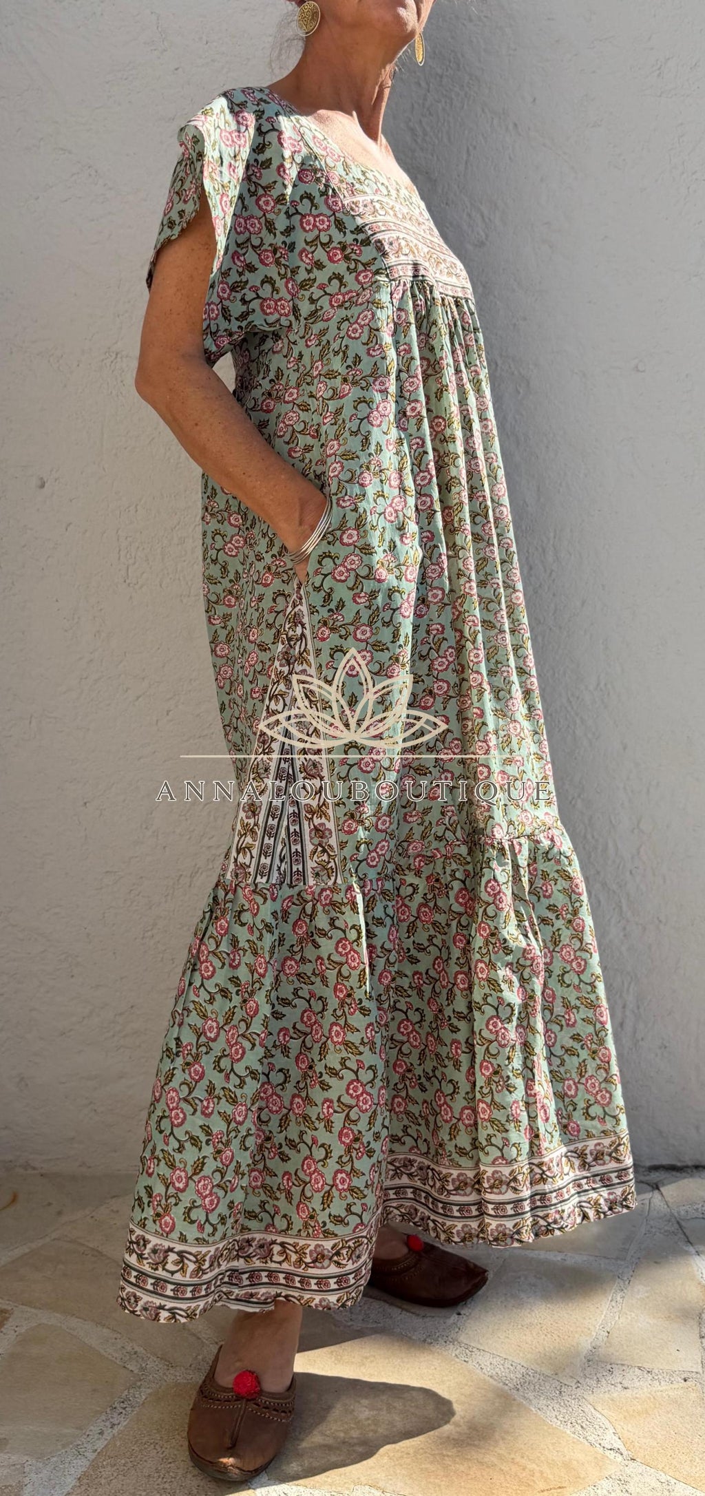 Flowy Soft Cotton Maxi Dress – Almond Green Floral Dress, Boho Chic Summer Outfit, Resort Wear for Women, Handmade Fashion, Limited Edition