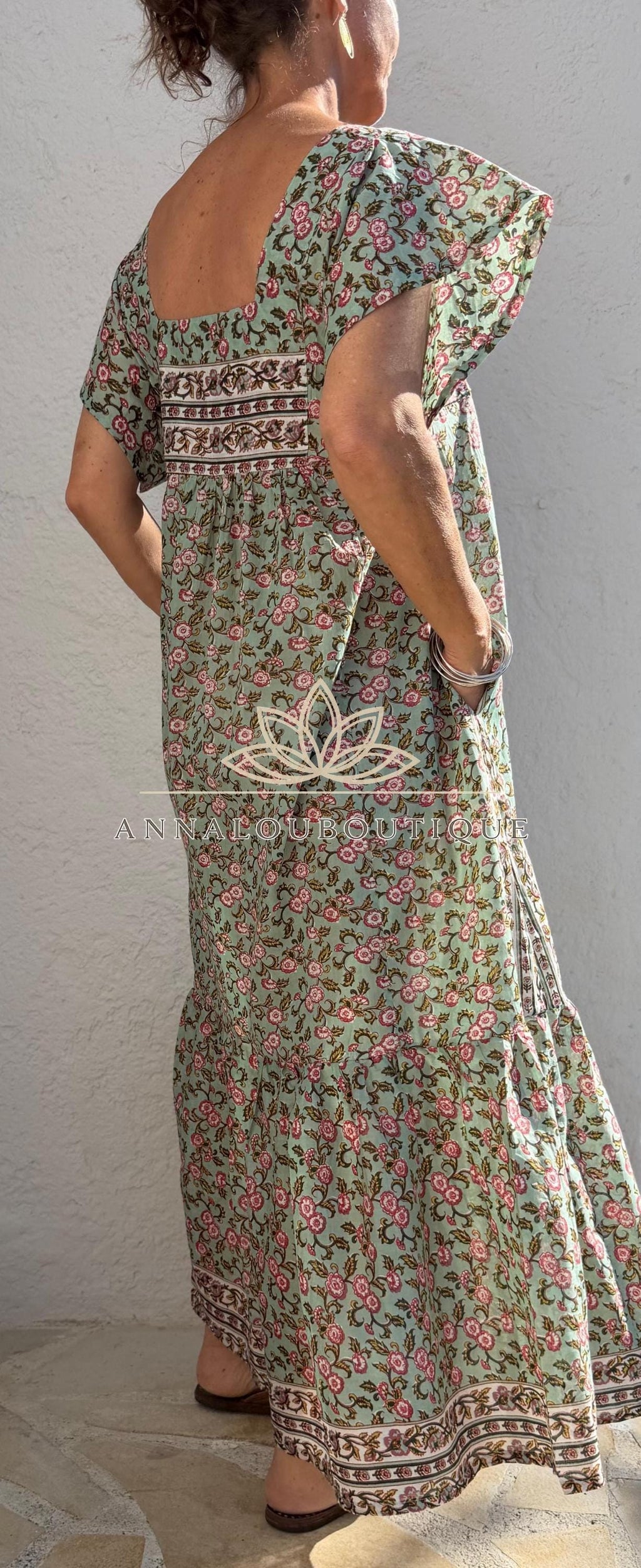 Flowy Soft Cotton Maxi Dress – Almond Green Floral Dress, Boho Chic Summer Outfit, Resort Wear for Women, Handmade Fashion, Limited Edition