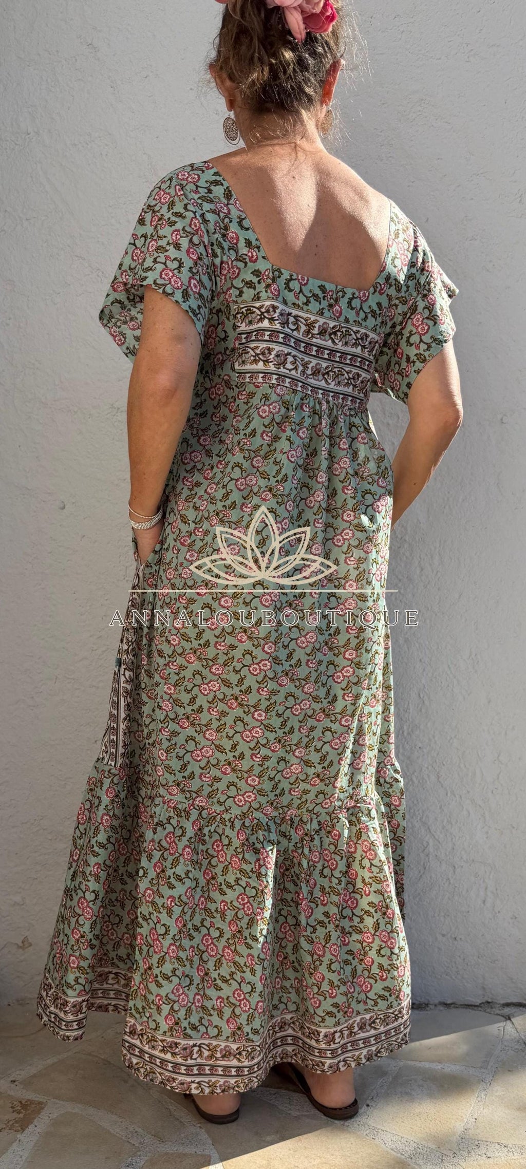 Flowy Soft Cotton Maxi Dress – Almond Green Floral Dress, Boho Chic Summer Outfit, Resort Wear for Women, Handmade Fashion, Limited Edition