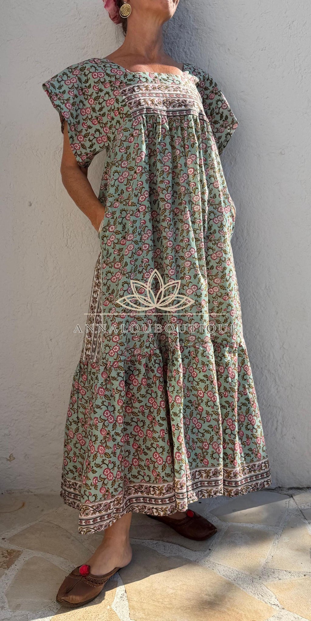 Flowy Soft Cotton Maxi Dress – Almond Green Floral Dress, Boho Chic Summer Outfit, Resort Wear for Women, Handmade Fashion, Limited Edition