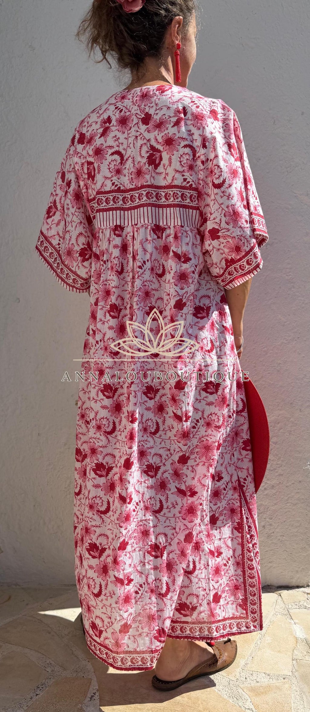 Red & Pink Floral Kaftan Dress – Oversized Soft Cotton Maxi Dress, Breathable Summer Wear, Bohemian Resort Outfit, Exclusive Design