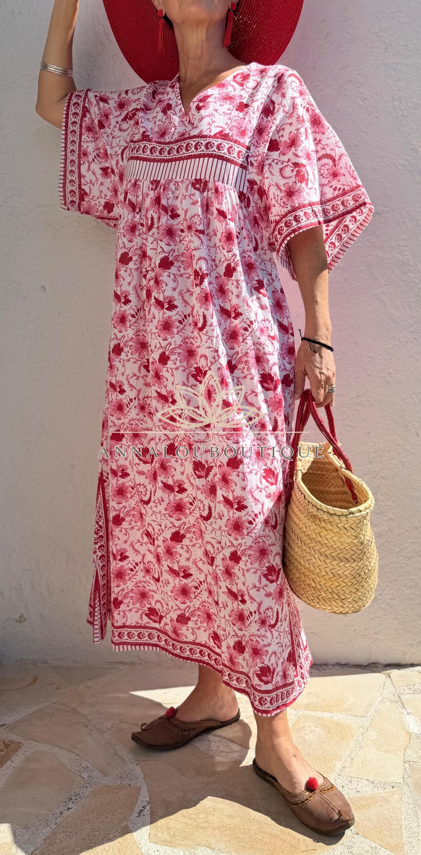 Red & Pink Floral Kaftan Dress – Oversized Soft Cotton Maxi Dress, Breathable Summer Wear, Bohemian Resort Outfit, Exclusive Design
