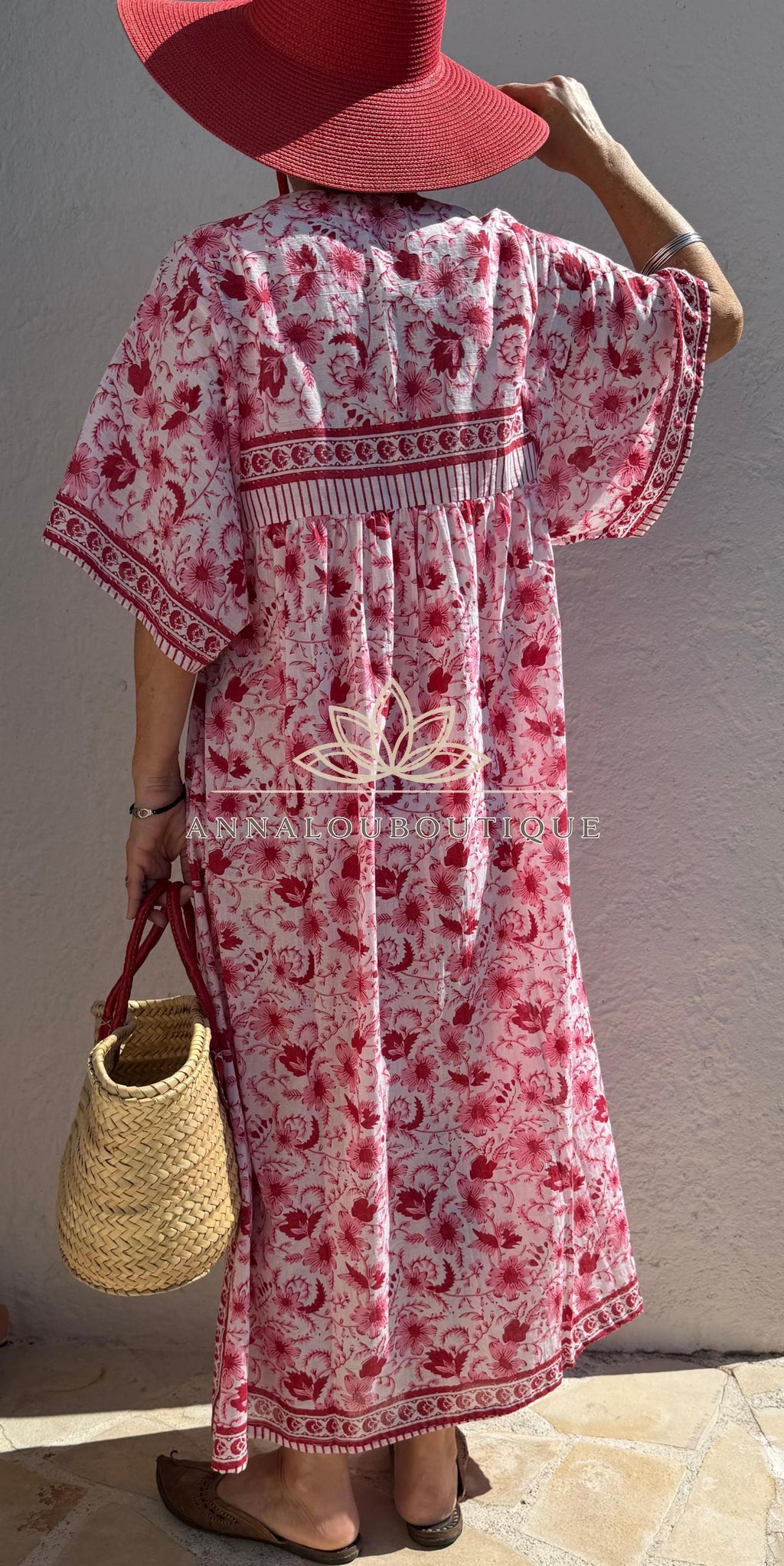 Red & Pink Floral Kaftan Dress – Oversized Soft Cotton Maxi Dress, Breathable Summer Wear, Bohemian Resort Outfit, Exclusive Design