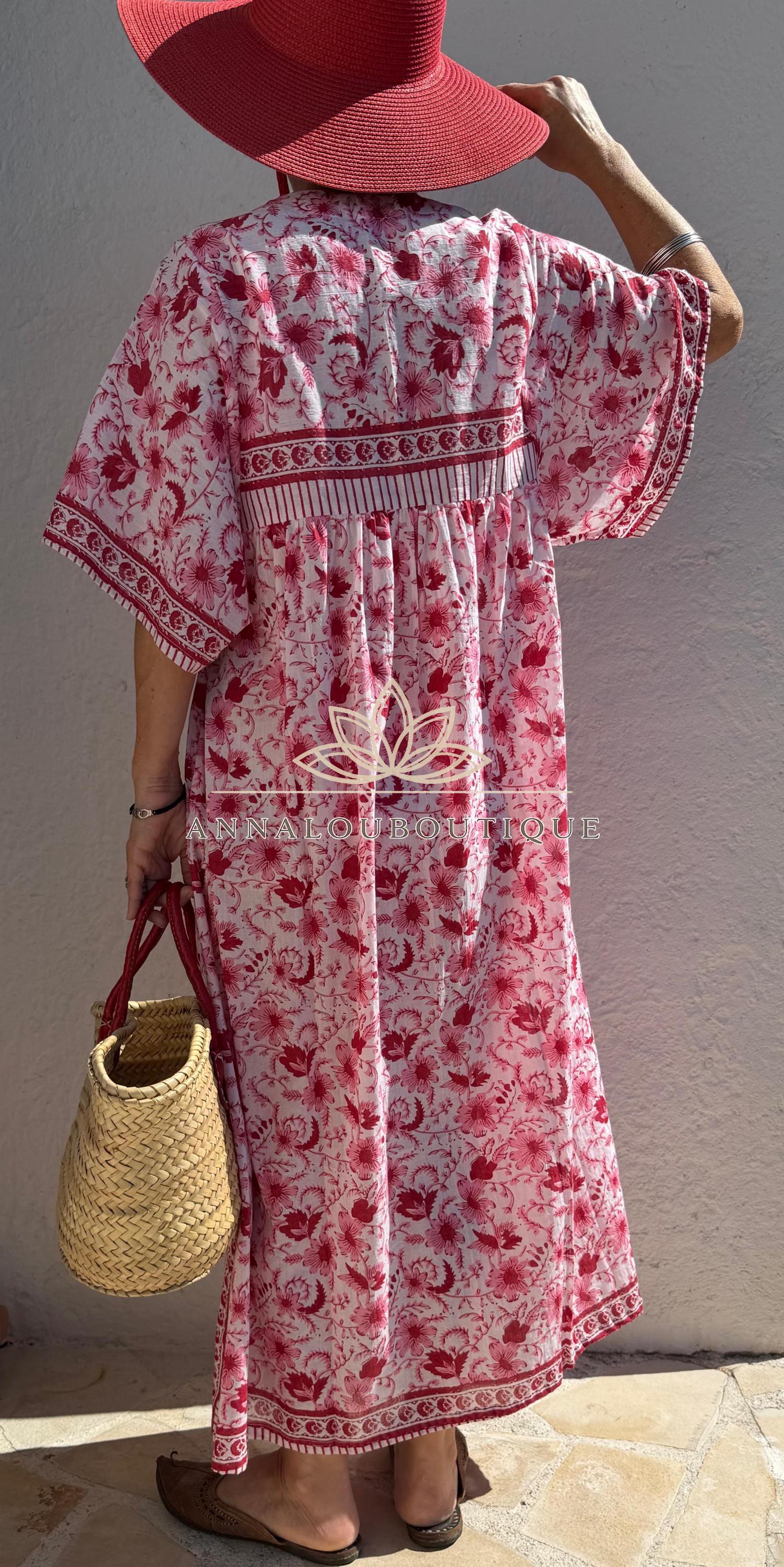 Red & Pink Floral Kaftan Dress – Oversized Soft Cotton Maxi Dress, Breathable Summer Wear, Bohemian Resort Outfit, Exclusive Design