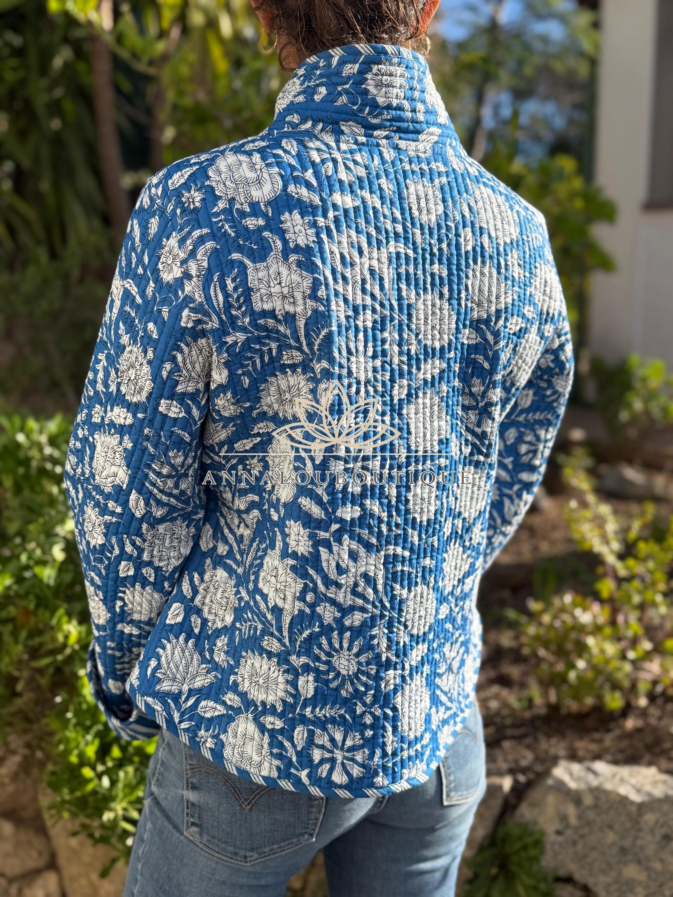 Hippie Chic Cotton Quilted Jacket – Blue Floral Reversible Coat with Flared Sleeves