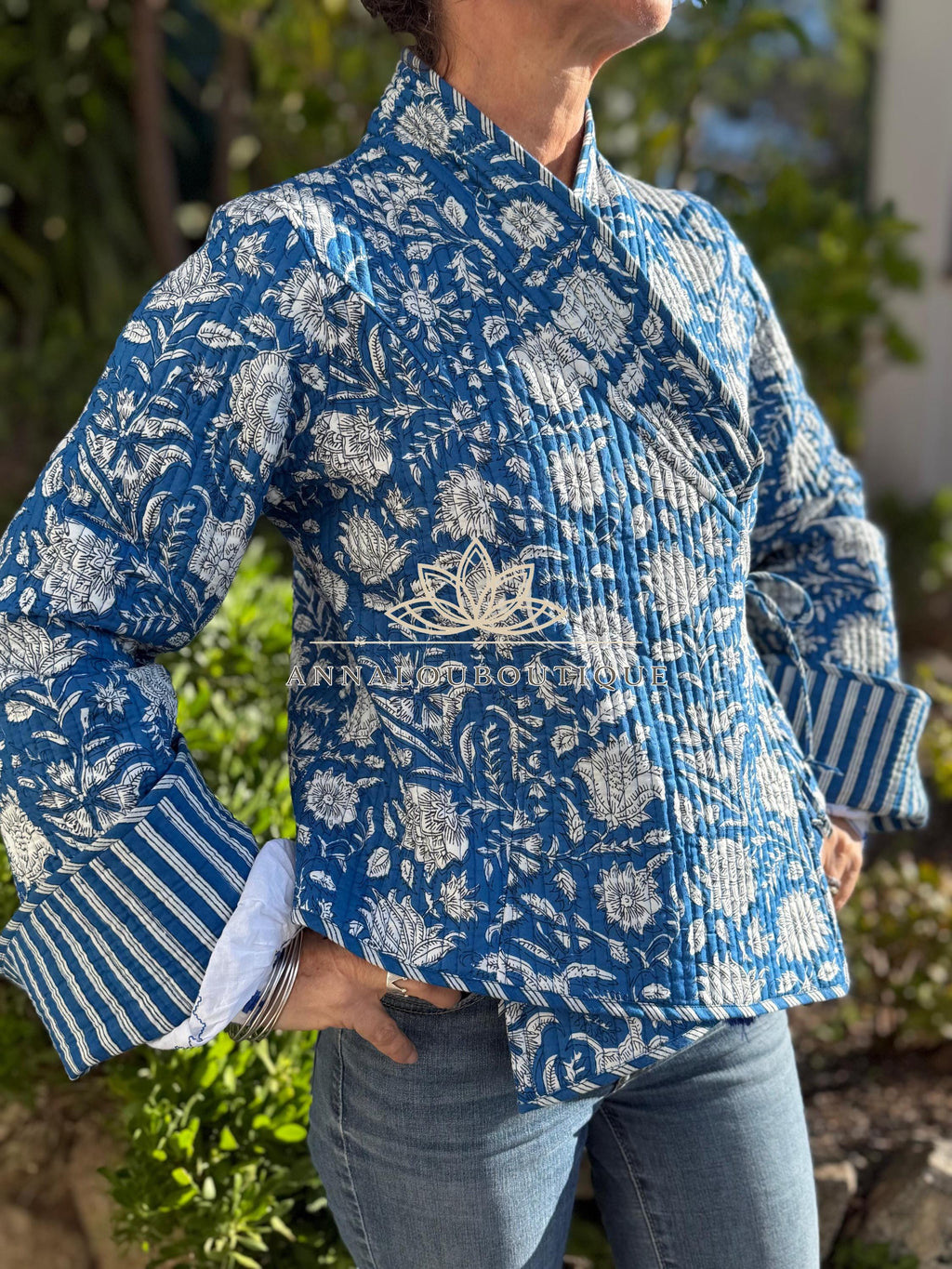 Hippie Chic Cotton Quilted Jacket – Blue Floral Reversible Coat with Flared Sleeves