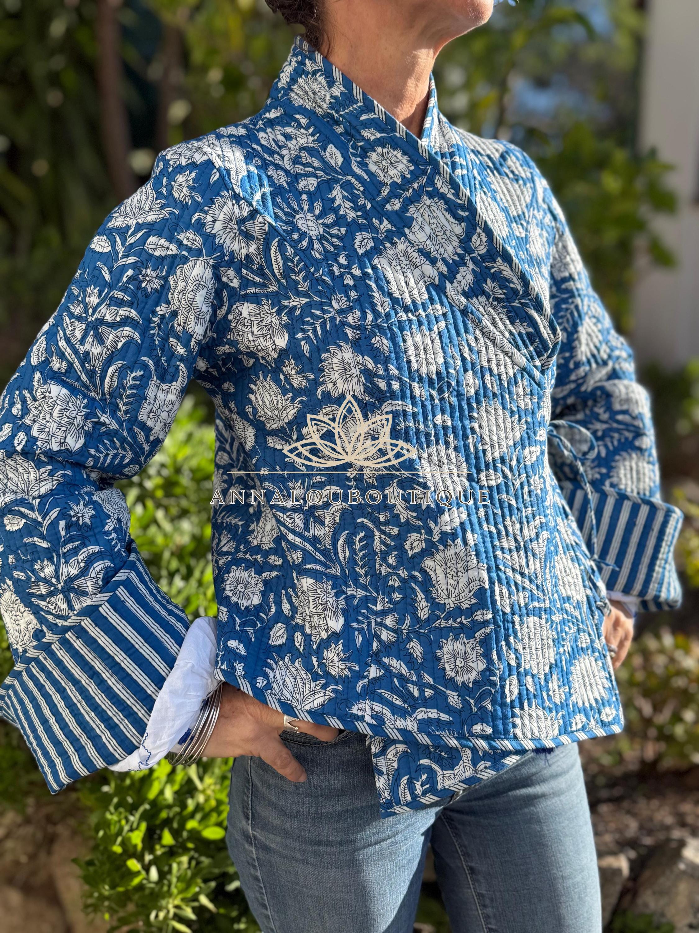 Hippie Chic Cotton Quilted Jacket – Blue Floral Reversible Coat with Flared Sleeves