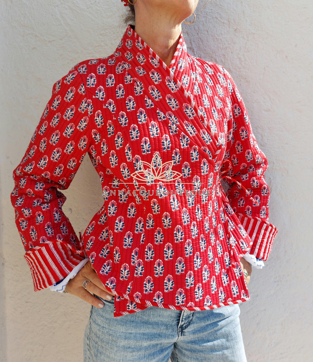 Reversible Quilted Cotton Crossed Jacket – Red Winter Coat