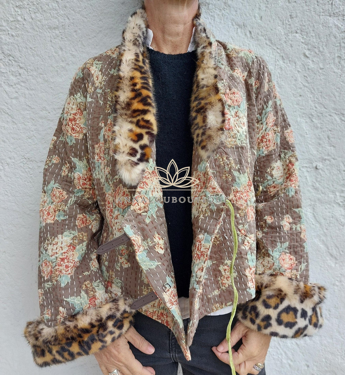 Glossy Brown Floral Cotton Wrap Jacket, Leopard Faux Fur Collar & Cuffs, Boho Chic Mid-Season Jacket, Hippie Style