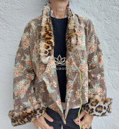 Glossy Brown Floral Cotton Wrap Jacket, Leopard Faux Fur Collar & Cuffs, Boho Chic Mid-Season Jacket, Hippie Style
