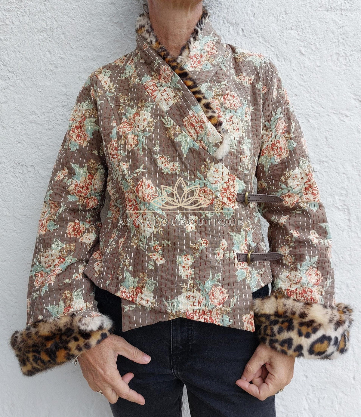Glossy Brown Floral Cotton Wrap Jacket, Leopard Faux Fur Collar & Cuffs, Boho Chic Mid-Season Jacket, Hippie Style