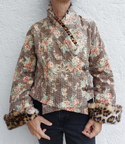 Glossy Brown Floral Cotton Wrap Jacket, Leopard Faux Fur Collar & Cuffs, Boho Chic Mid-Season Jacket, Hippie Style
