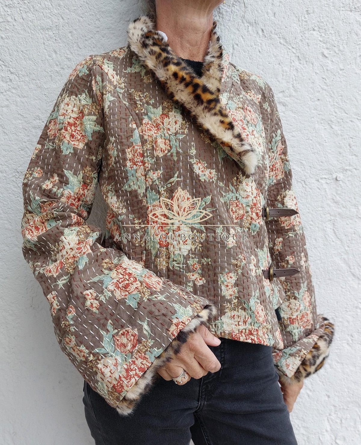 Glossy Brown Floral Cotton Wrap Jacket, Leopard Faux Fur Collar & Cuffs, Boho Chic Mid-Season Jacket, Hippie Style