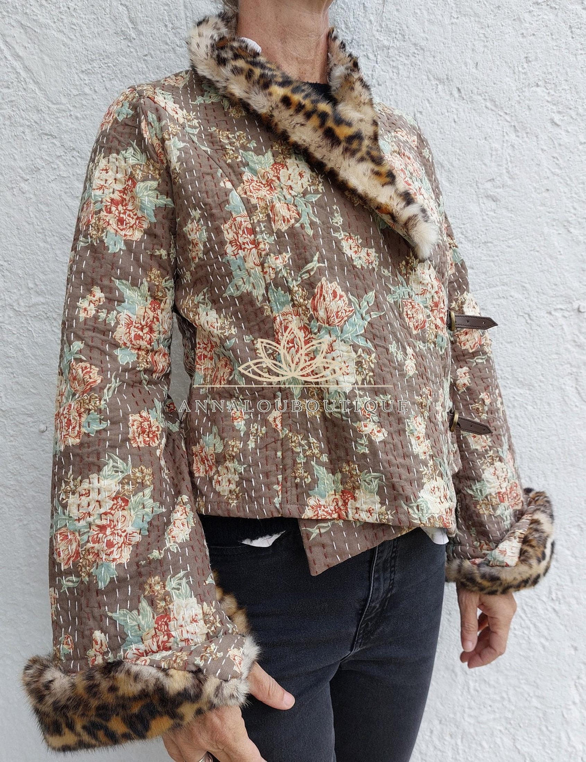 Glossy Brown Floral Cotton Wrap Jacket, Leopard Faux Fur Collar & Cuffs, Boho Chic Mid-Season Jacket, Hippie Style