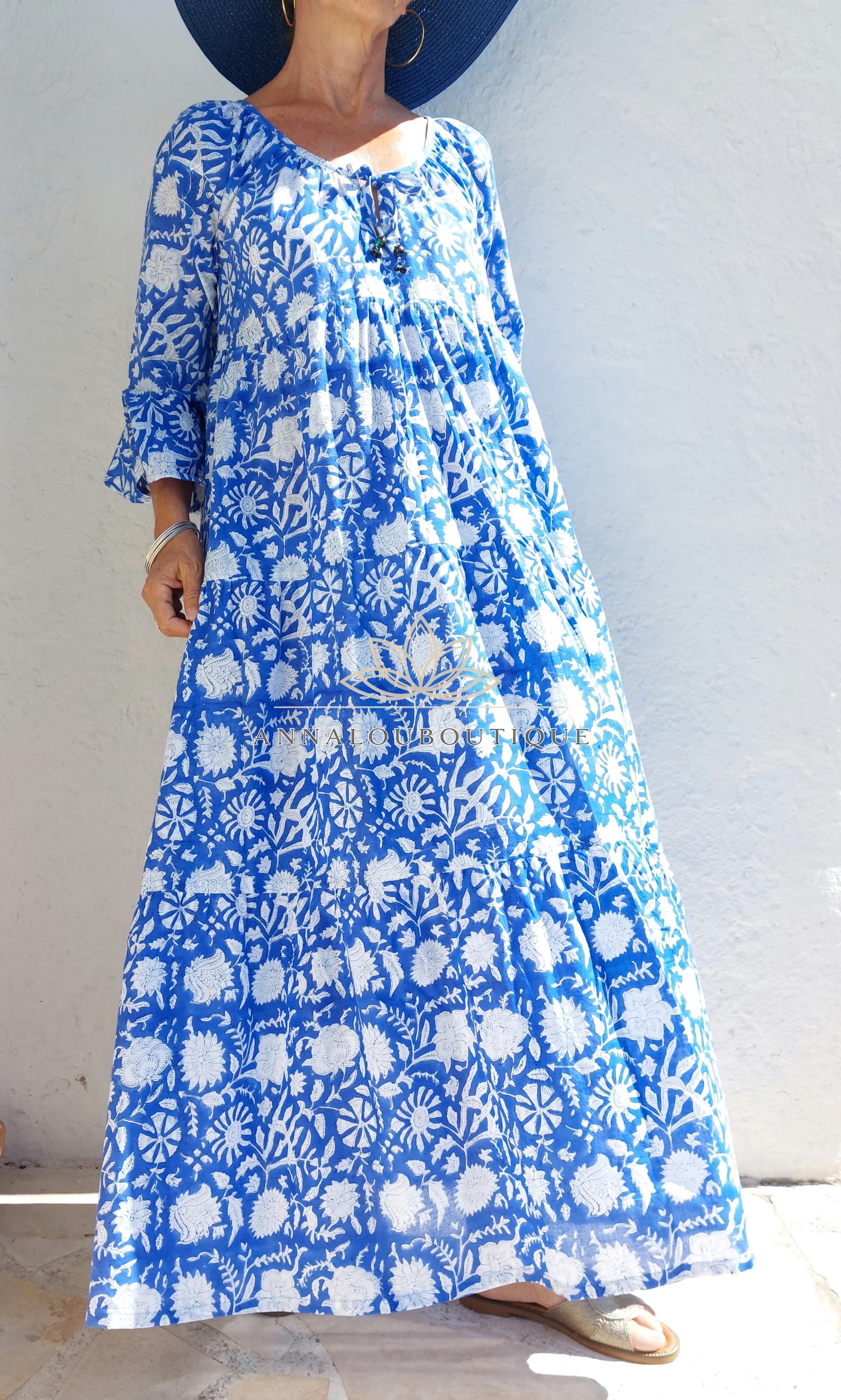 Hand Block Printed Cotton Maxi Dress – Navy Blue Floral Dress, Boho Chic Summer Dress, Large Ruffle Skirt, Hippie Chic Cotton Outfit