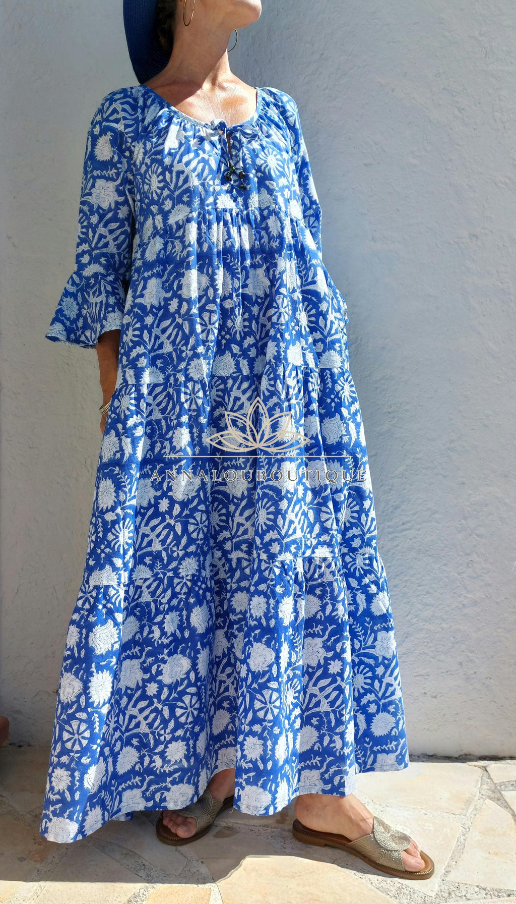 Hand Block Printed Cotton Maxi Dress – Navy Blue Floral Dress, Boho Chic Summer Dress, Large Ruffle Skirt, Hippie Chic Cotton Outfit