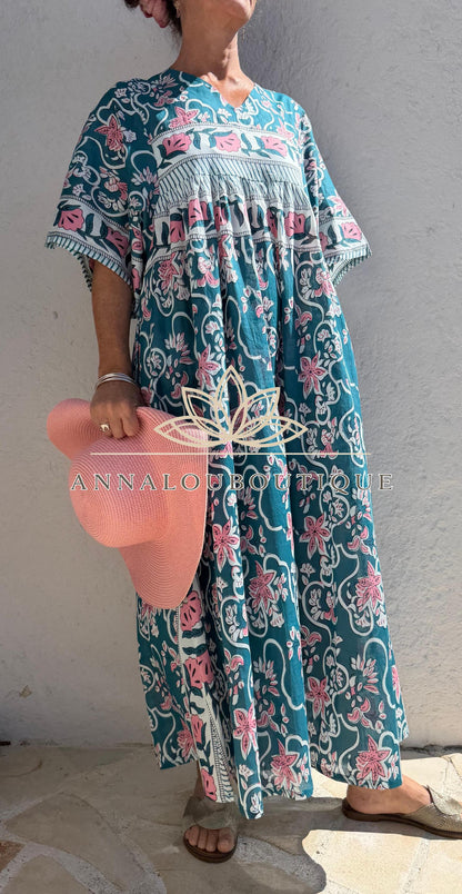 Loose teal dress with pink flowers