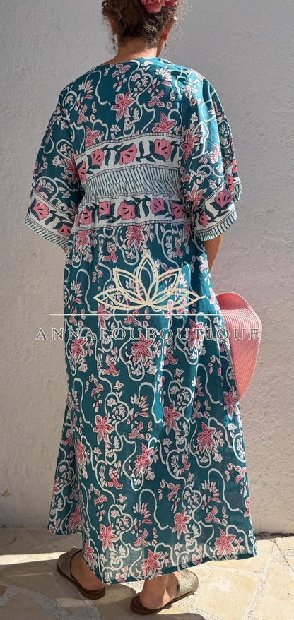 Loose teal dress with pink flowers