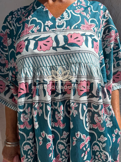 Loose teal dress with pink flowers