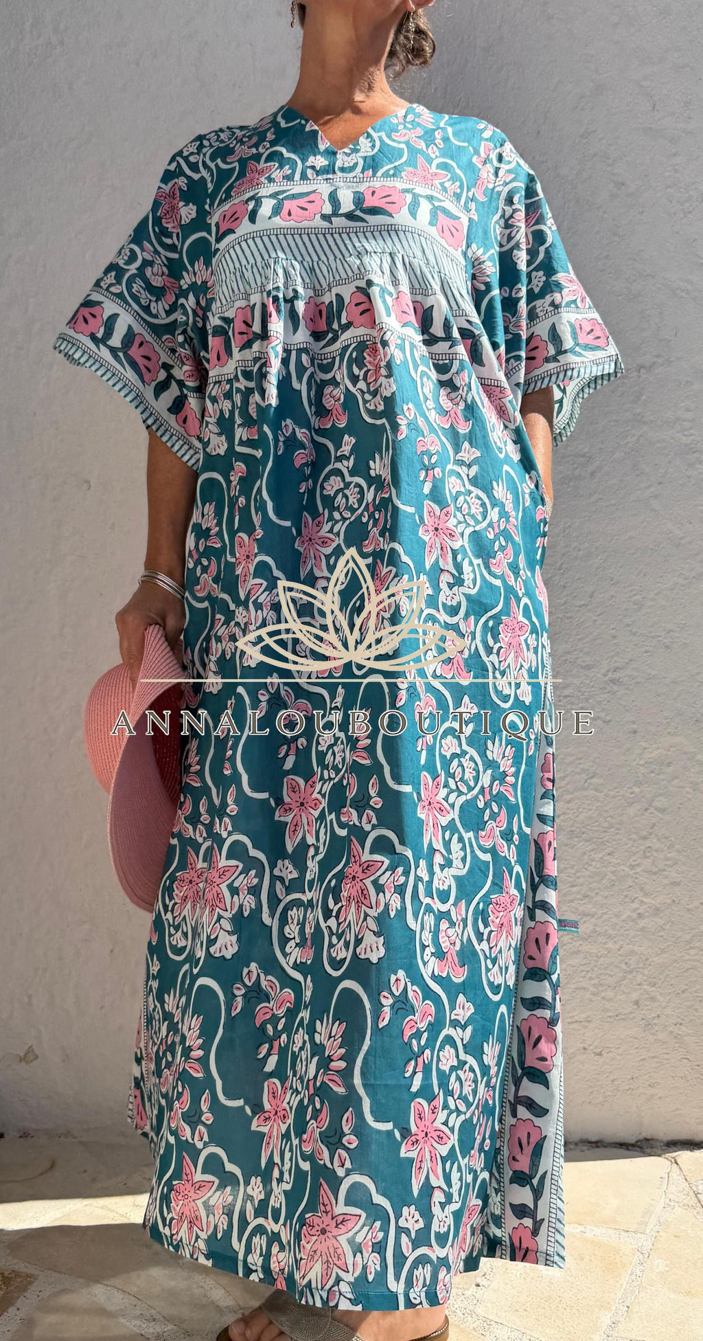 Teal Floral Oversized Cotton Maxi Dress, Pink Flower Print Boho Dress, Soft Cotton Summer Outfit, Flowy Women's Dress