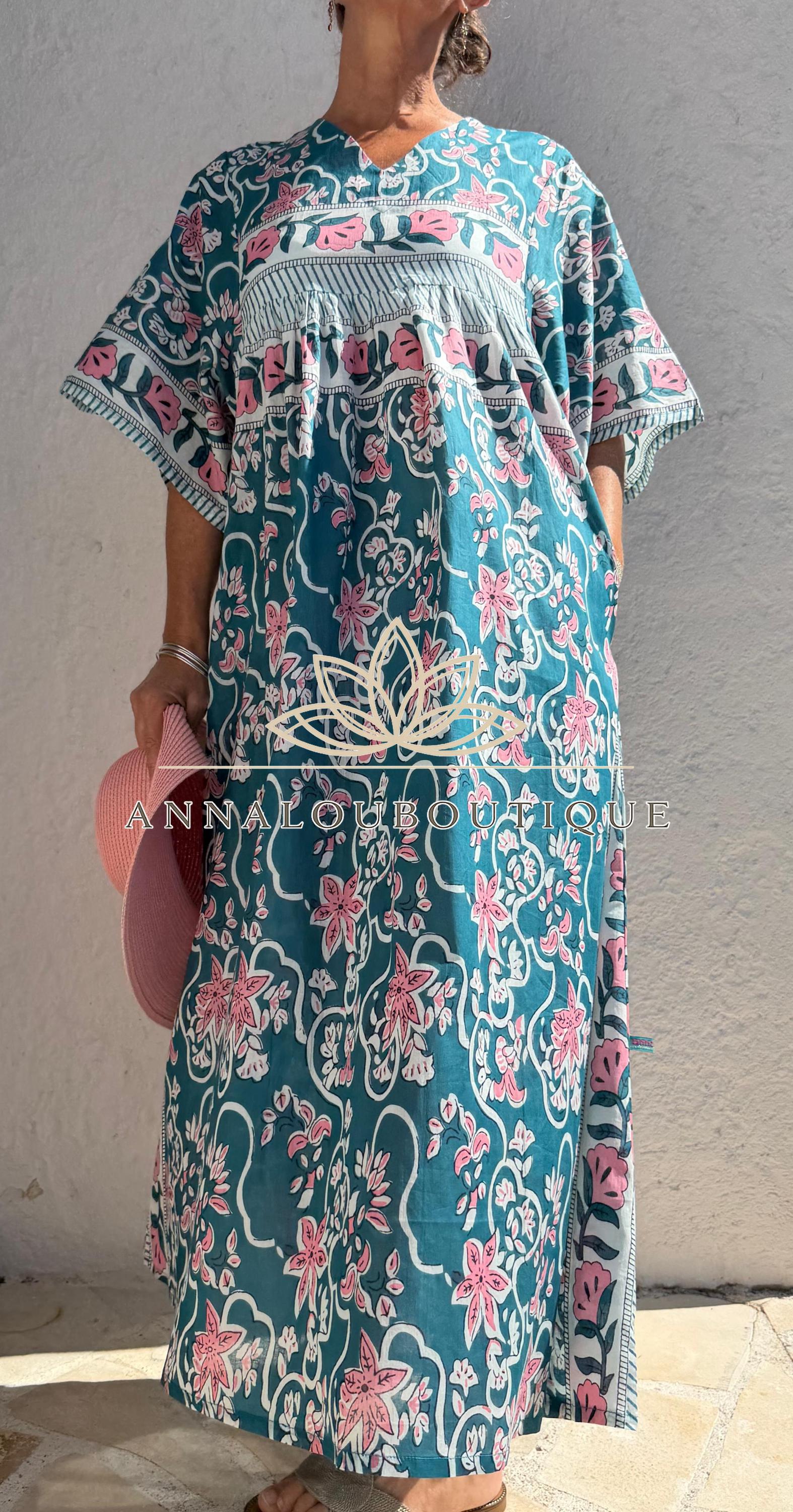 Teal Floral Oversized Cotton Maxi Dress, Pink Flower Print Boho Dress, Soft Cotton Summer Outfit, Flowy Women's Dress
