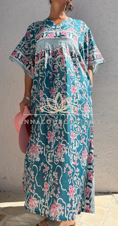 Loose teal dress with pink flowers