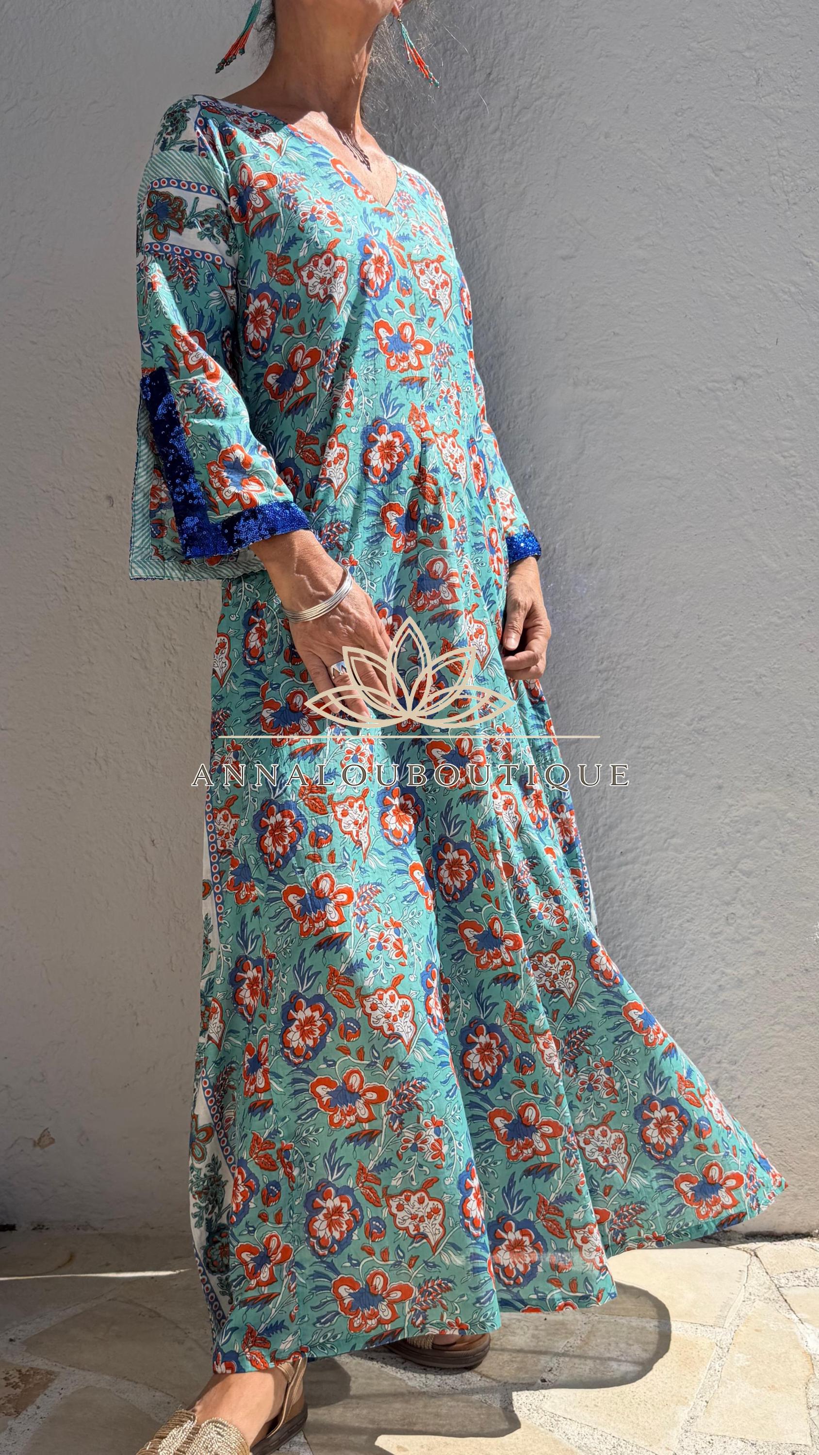Floral Cotton Kaftan Dress, Turquoise & Orange Print Maxi Dress, Beach Resort Wear, Soft Cotton Summer Outfit, Sequin Lace Sleeve Details