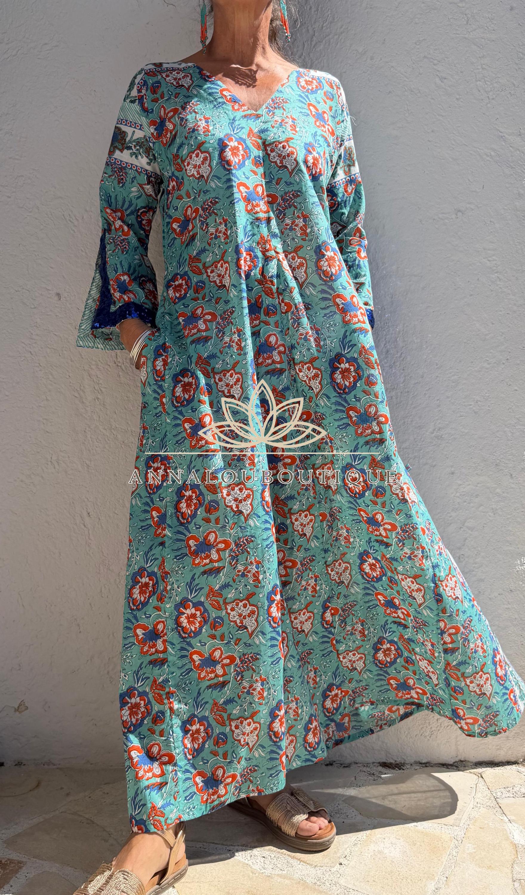 Floral Cotton Kaftan Dress, Turquoise & Orange Print Maxi Dress, Beach Resort Wear, Soft Cotton Summer Outfit, Sequin Lace Sleeve Details