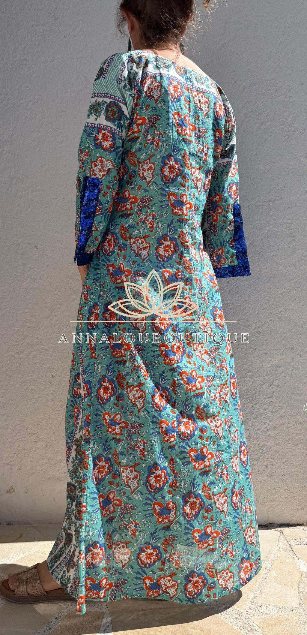 Floral Cotton Kaftan Dress, Turquoise & Orange Print Maxi Dress, Beach Resort Wear, Soft Cotton Summer Outfit, Sequin Lace Sleeve Details