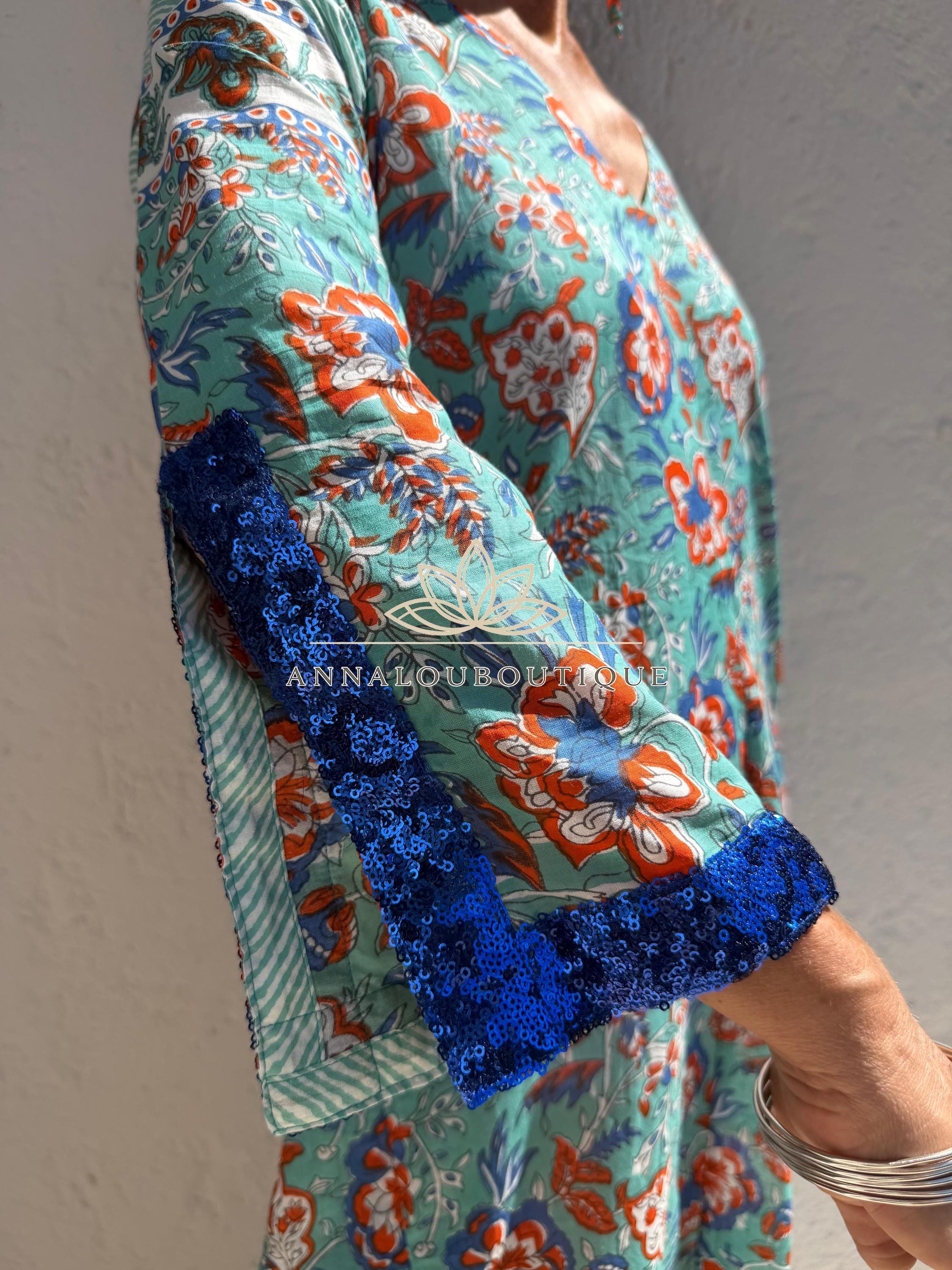 Floral Cotton Kaftan Dress, Turquoise & Orange Print Maxi Dress, Beach Resort Wear, Soft Cotton Summer Outfit, Sequin Lace Sleeve Details