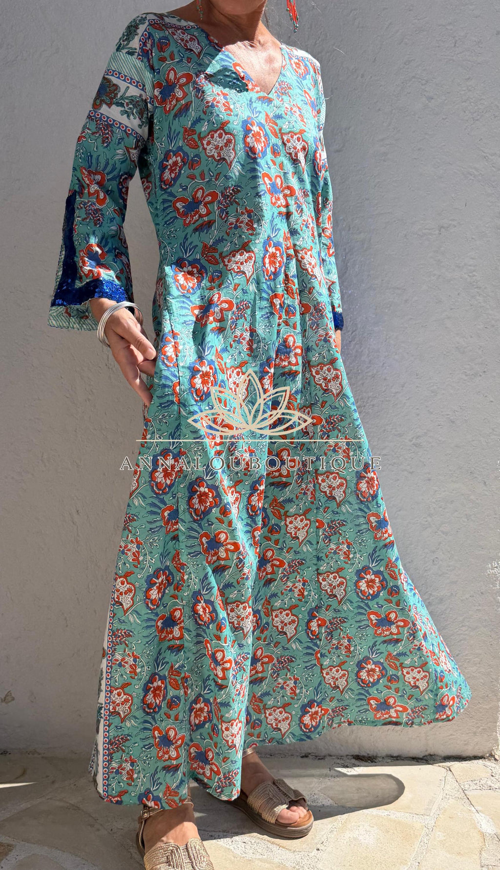 Floral Cotton Kaftan Dress, Turquoise & Orange Print Maxi Dress, Beach Resort Wear, Soft Cotton Summer Outfit, Sequin Lace Sleeve Details