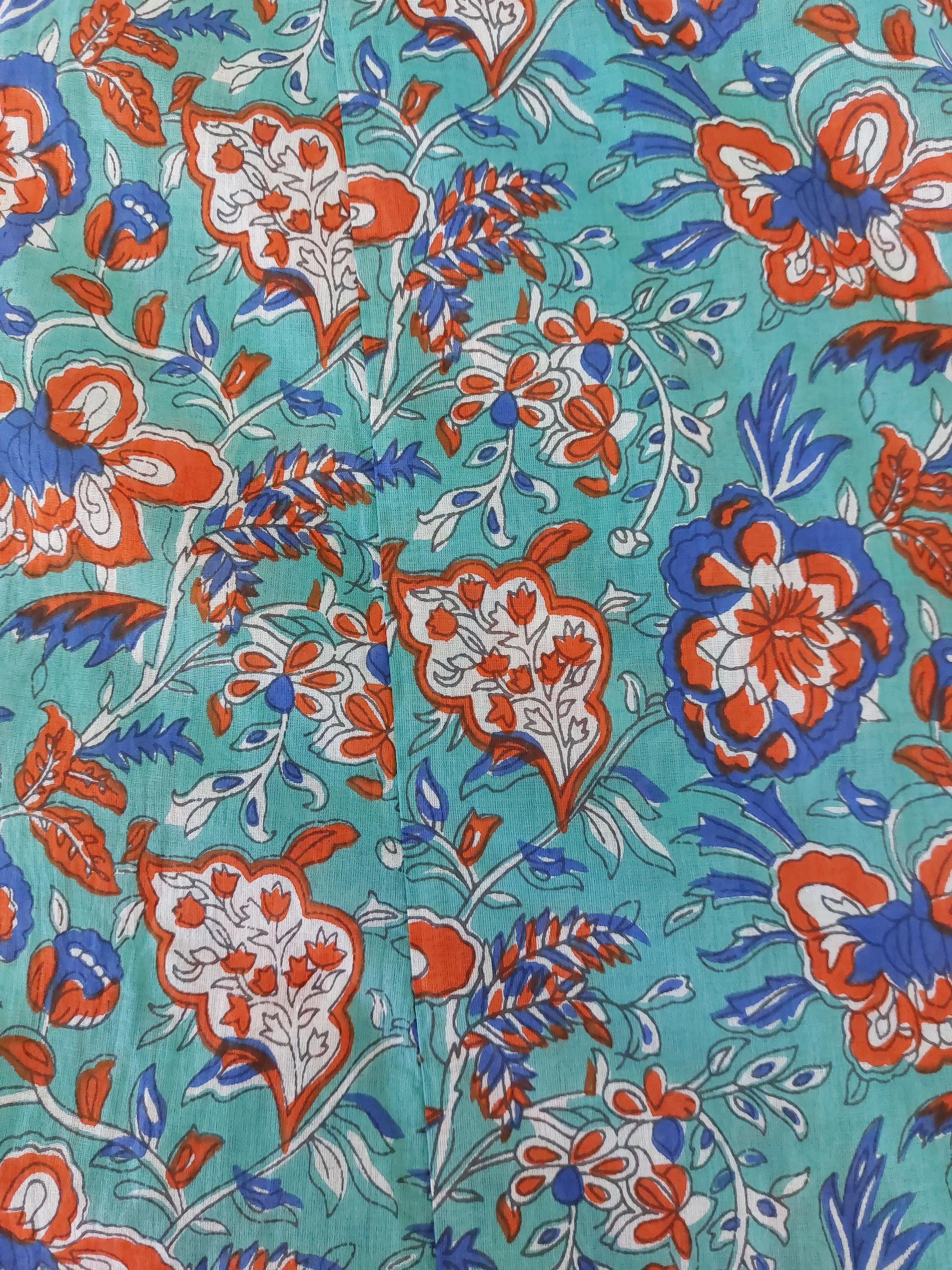 Floral Cotton Kaftan Dress, Turquoise & Orange Print Maxi Dress, Beach Resort Wear, Soft Cotton Summer Outfit, Sequin Lace Sleeve Details