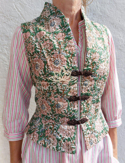 Hippie Chic Cotton Waistcoat – Fitted Corset Vest with Brown Brandenburg Closures