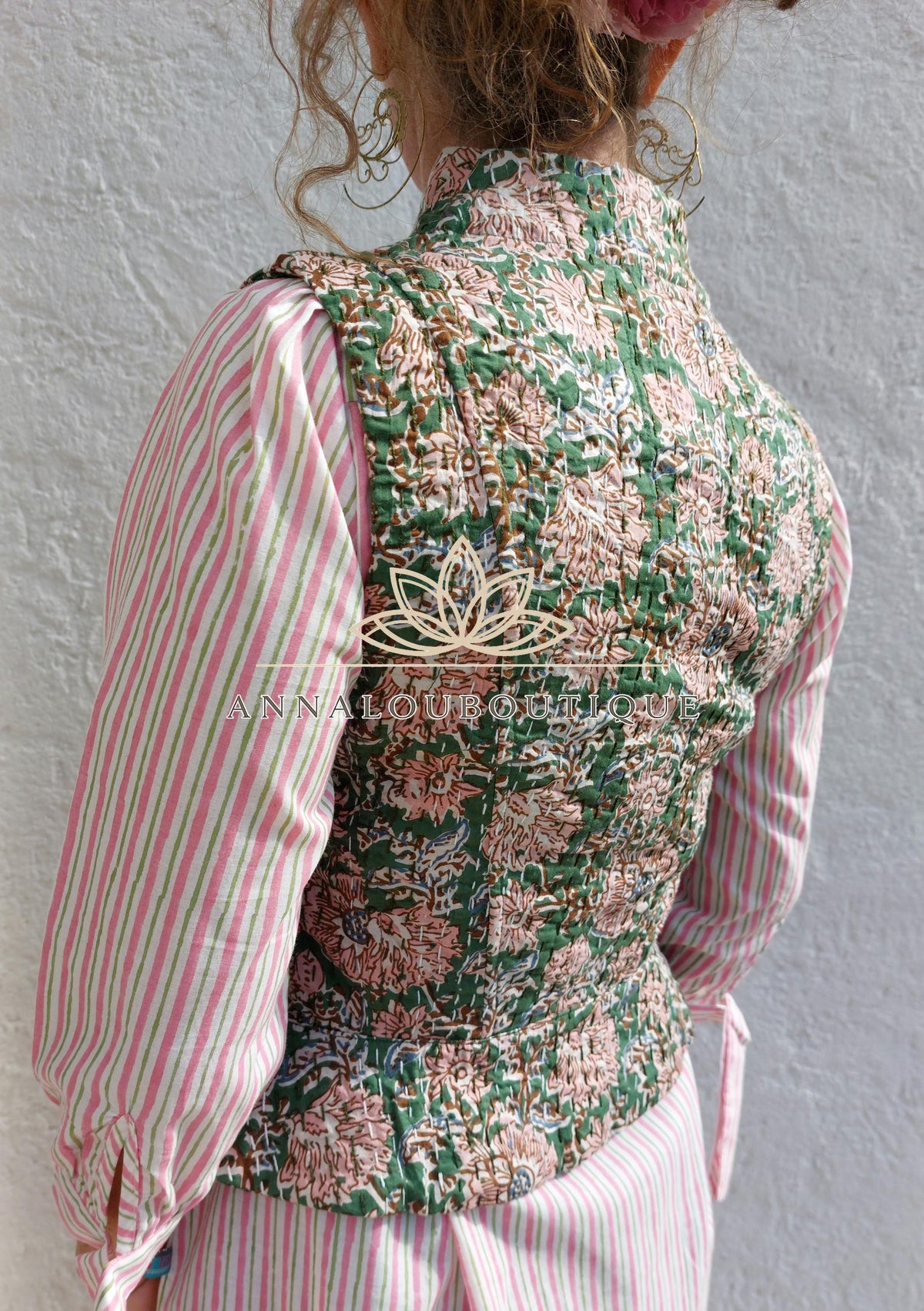 Hippie Chic Cotton Waistcoat – Fitted Corset Vest with Brown Brandenburg Closures