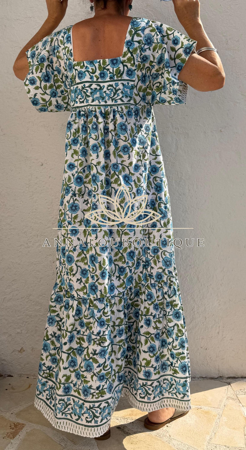 Turquoise Navy Blue Floral Maxi Dress, Handmade Summer Dress, Flowy Bohemian Resort Wear, Lightweight Women’s Clothing, Limited Edition
