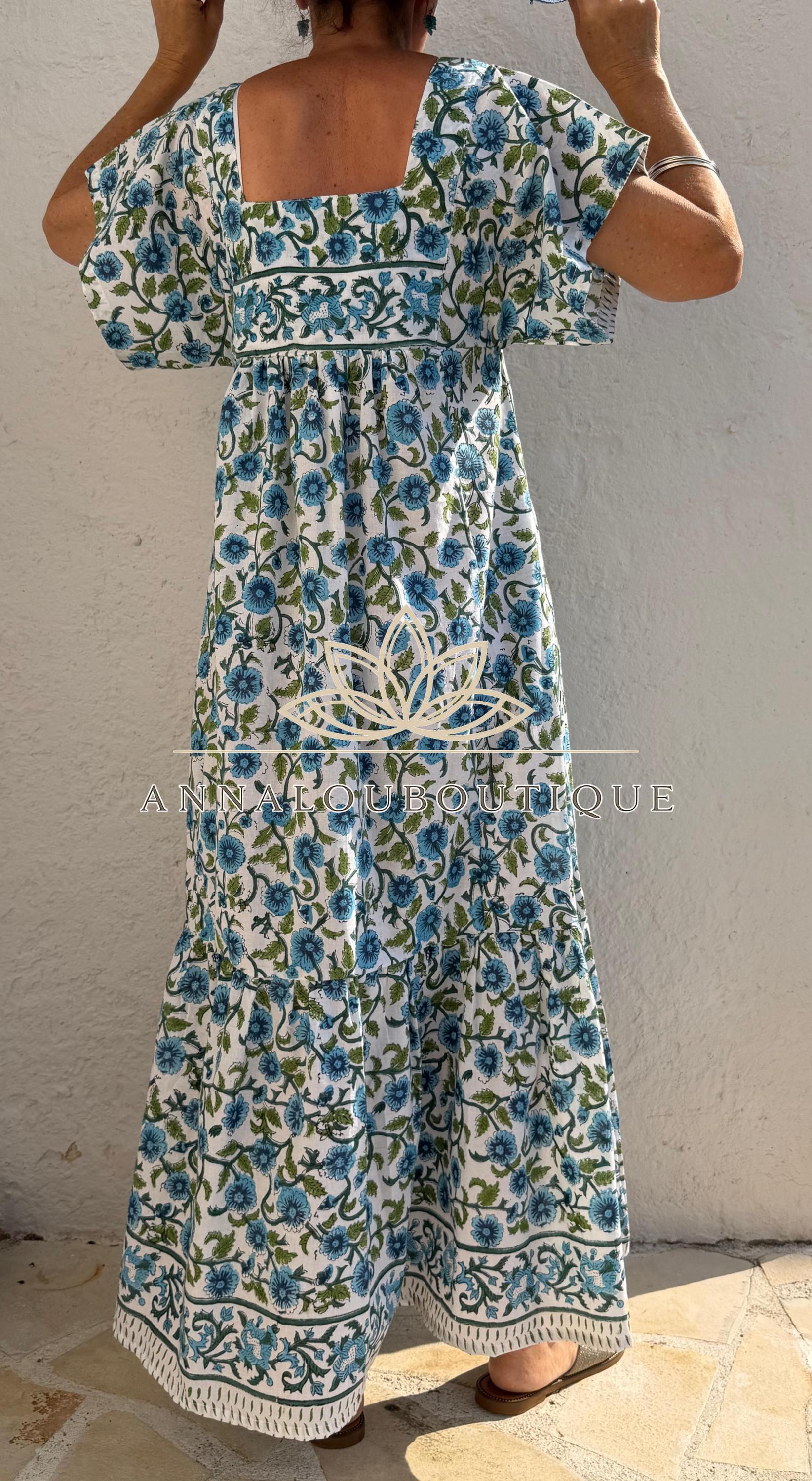 Turquoise Navy Blue Floral Maxi Dress, Handmade Summer Dress, Flowy Bohemian Resort Wear, Lightweight Women’s Clothing, Limited Edition
