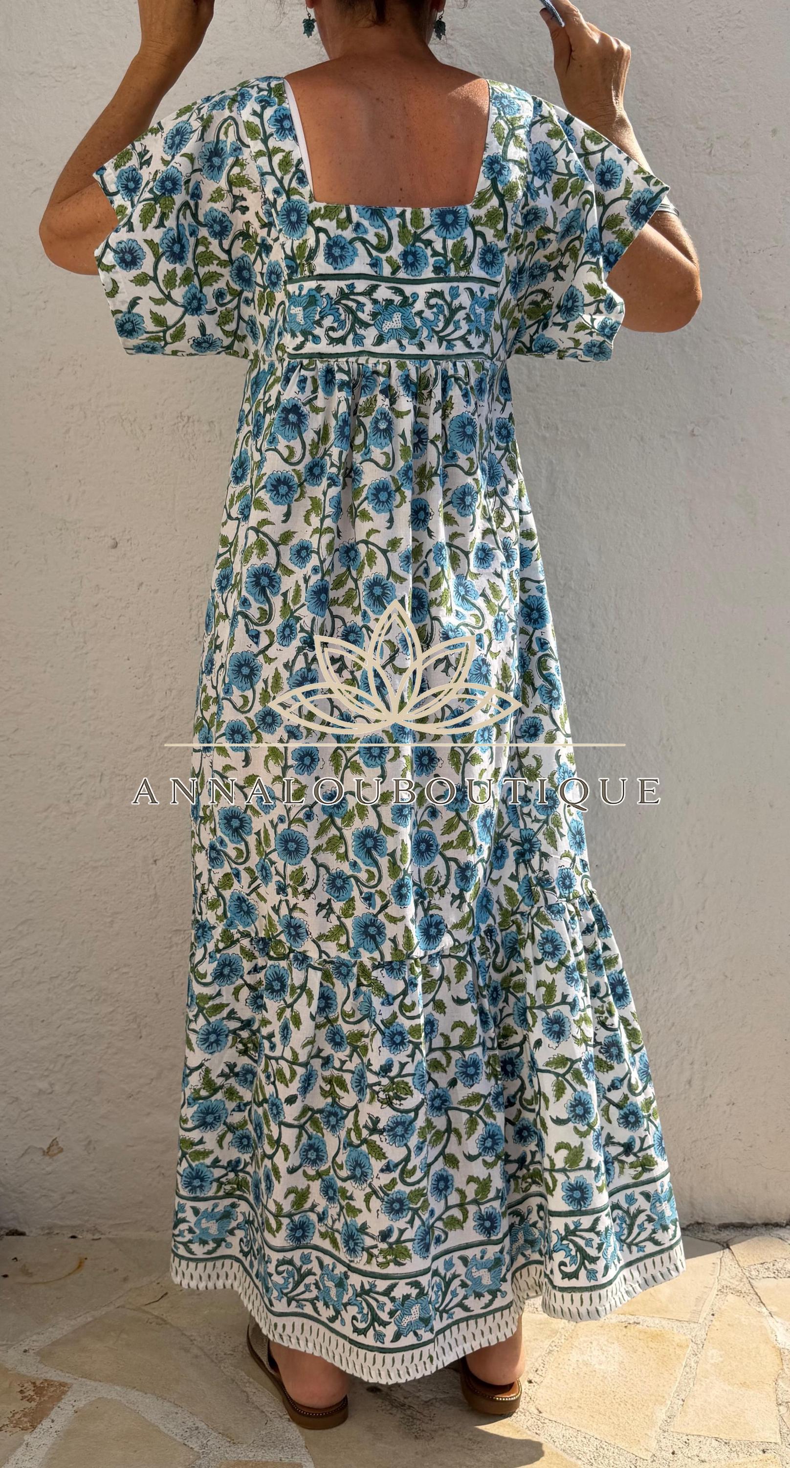 Turquoise Navy Blue Floral Maxi Dress, Handmade Summer Dress, Flowy Bohemian Resort Wear, Lightweight Women’s Clothing, Limited Edition