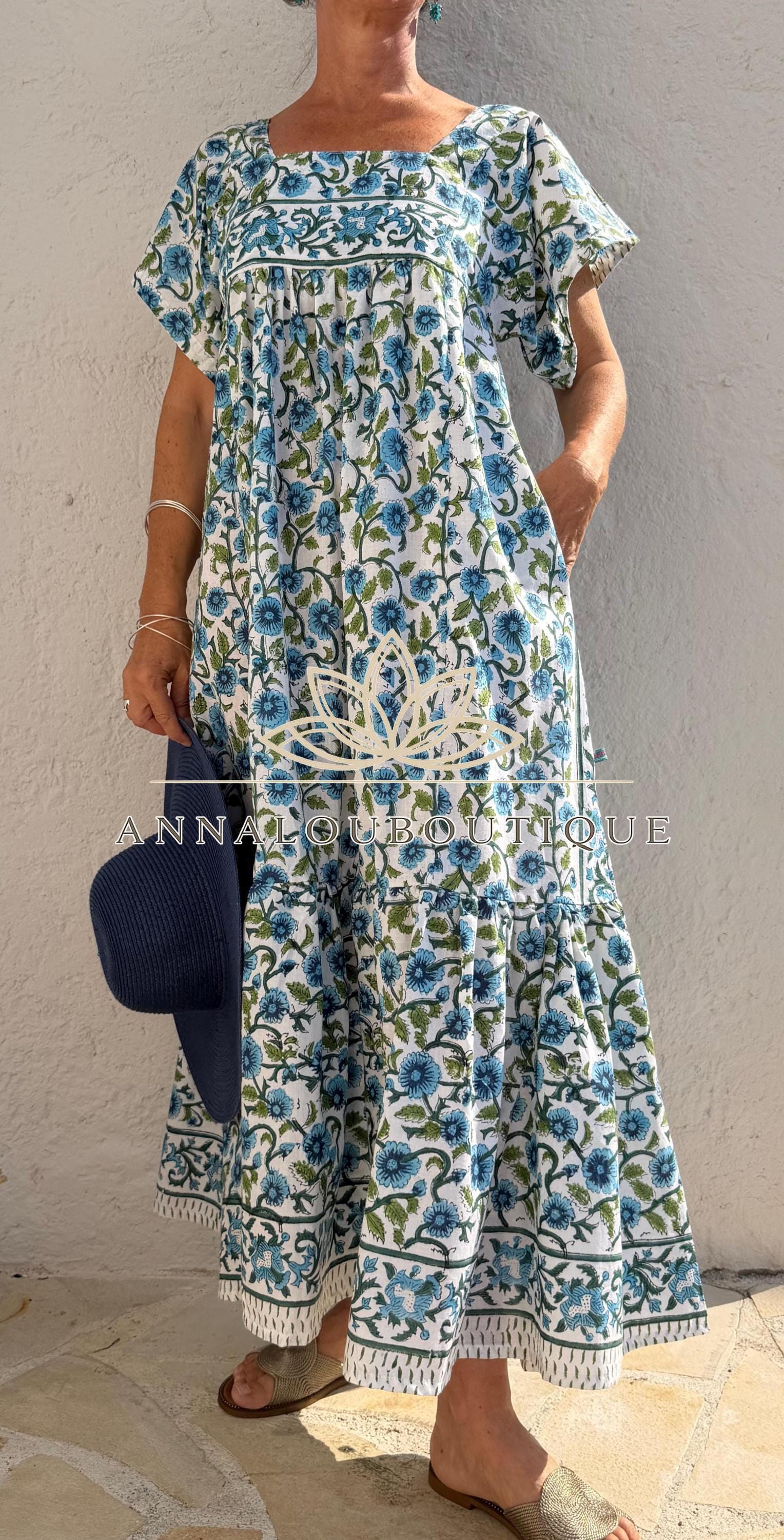 Turquoise Navy Blue Floral Maxi Dress, Handmade Summer Dress, Flowy Bohemian Resort Wear, Lightweight Women’s Clothing, Limited Edition