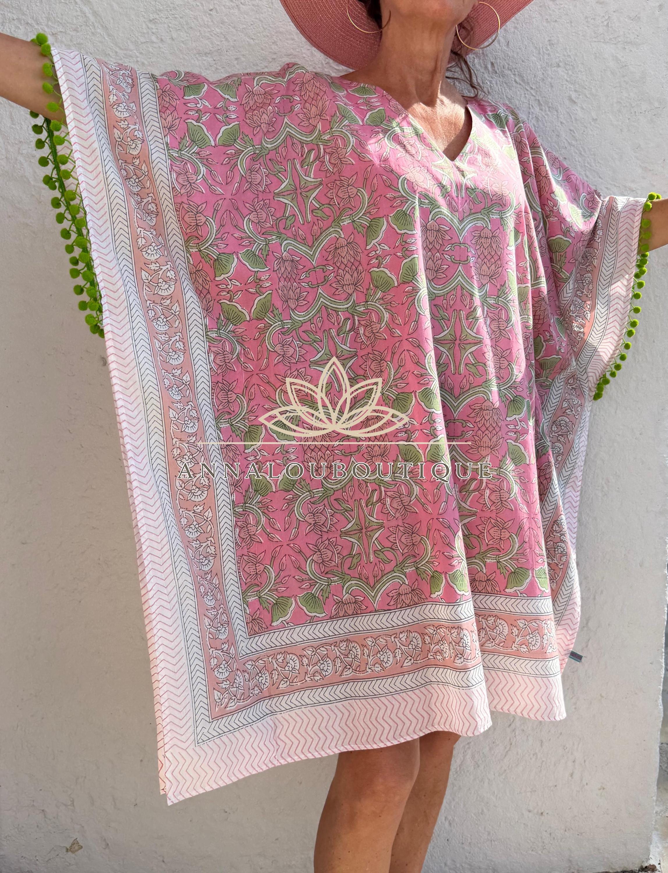 Pale Pink Floral Short Kaftan, Soft Cotton Beach Cover Up, Bohemian Poncho Dress, Hippie Chic Summer Wear, Unique Handmade Piece