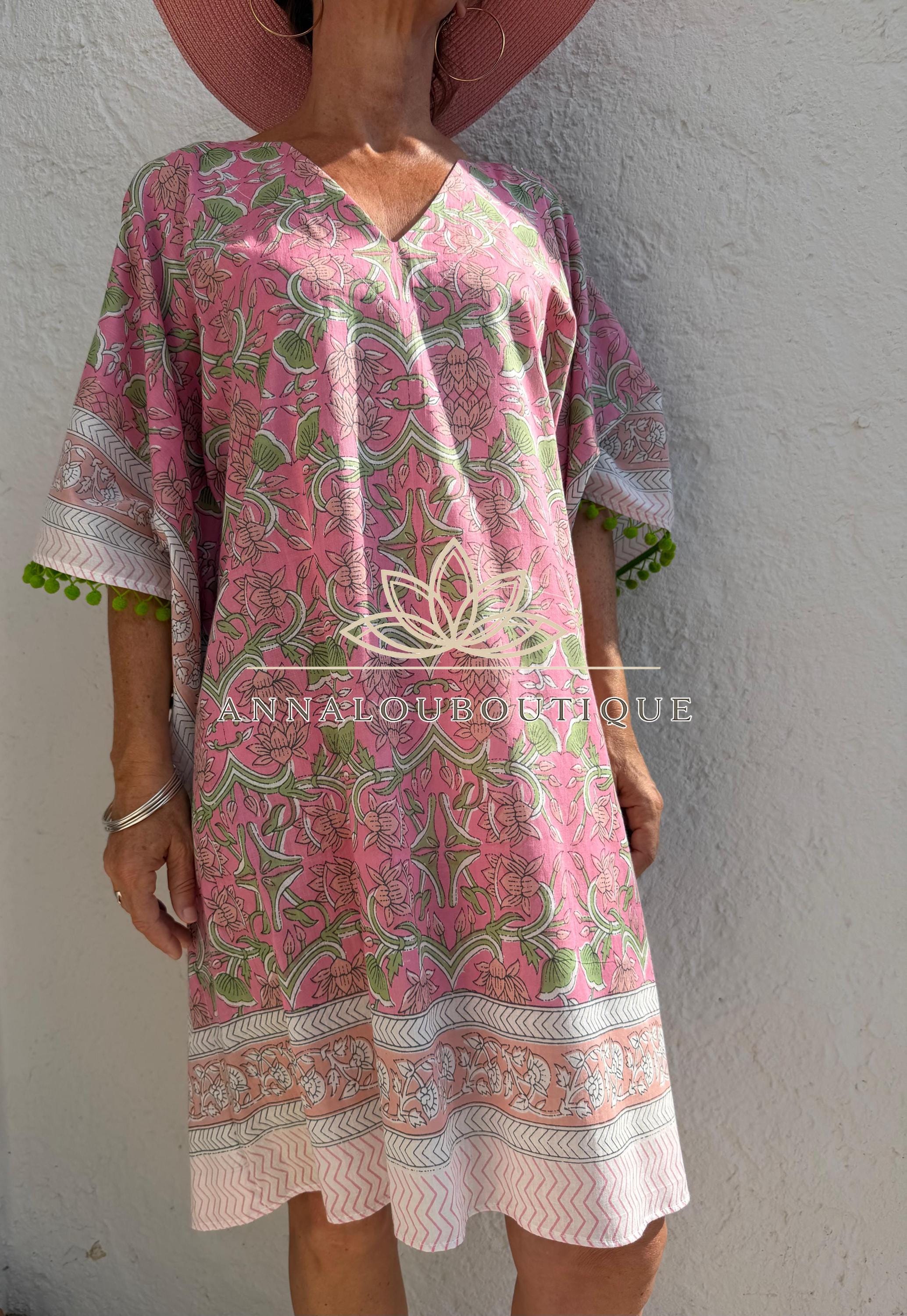 Pale Pink Floral Short Kaftan, Soft Cotton Beach Cover Up, Bohemian Poncho Dress, Hippie Chic Summer Wear, Unique Handmade Piece