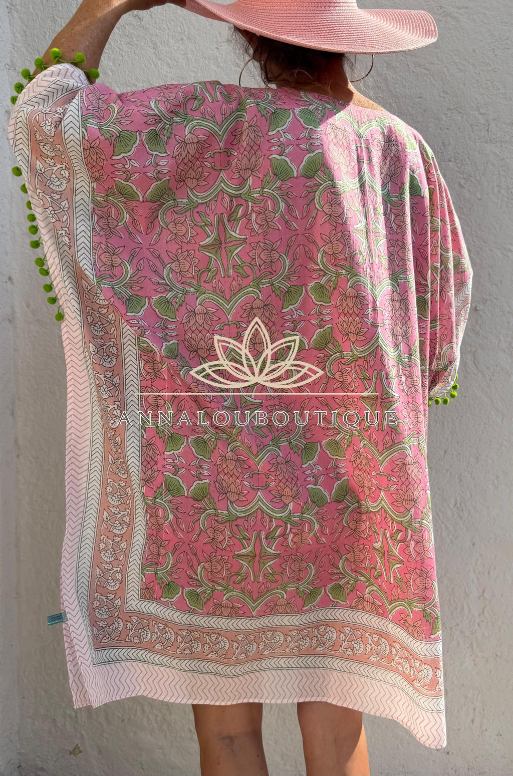 Pale Pink Floral Short Kaftan, Soft Cotton Beach Cover Up, Bohemian Poncho Dress, Hippie Chic Summer Wear, Unique Handmade Piece