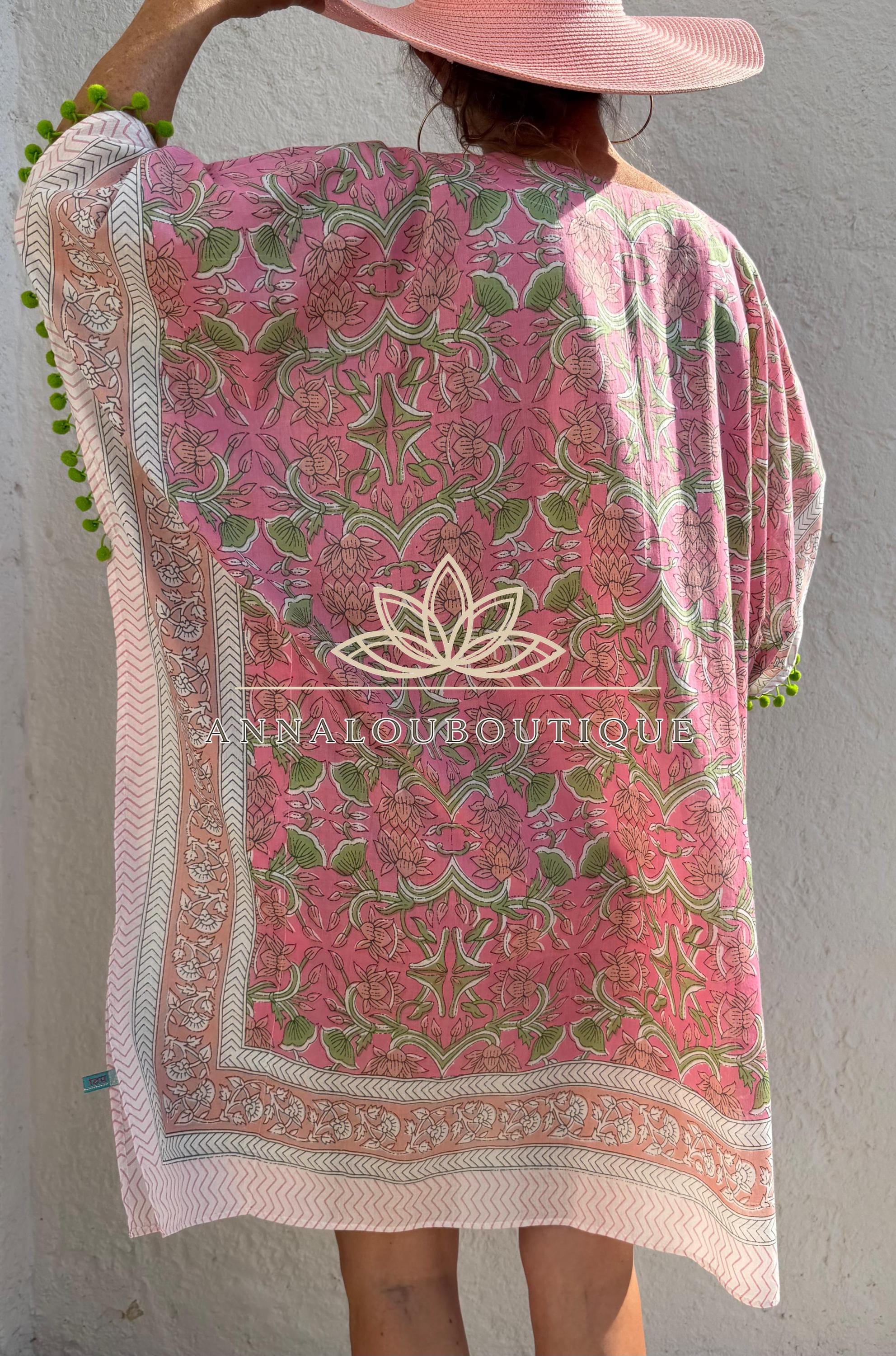 Pale Pink Floral Short Kaftan, Soft Cotton Beach Cover Up, Bohemian Poncho Dress, Hippie Chic Summer Wear, Unique Handmade Piece