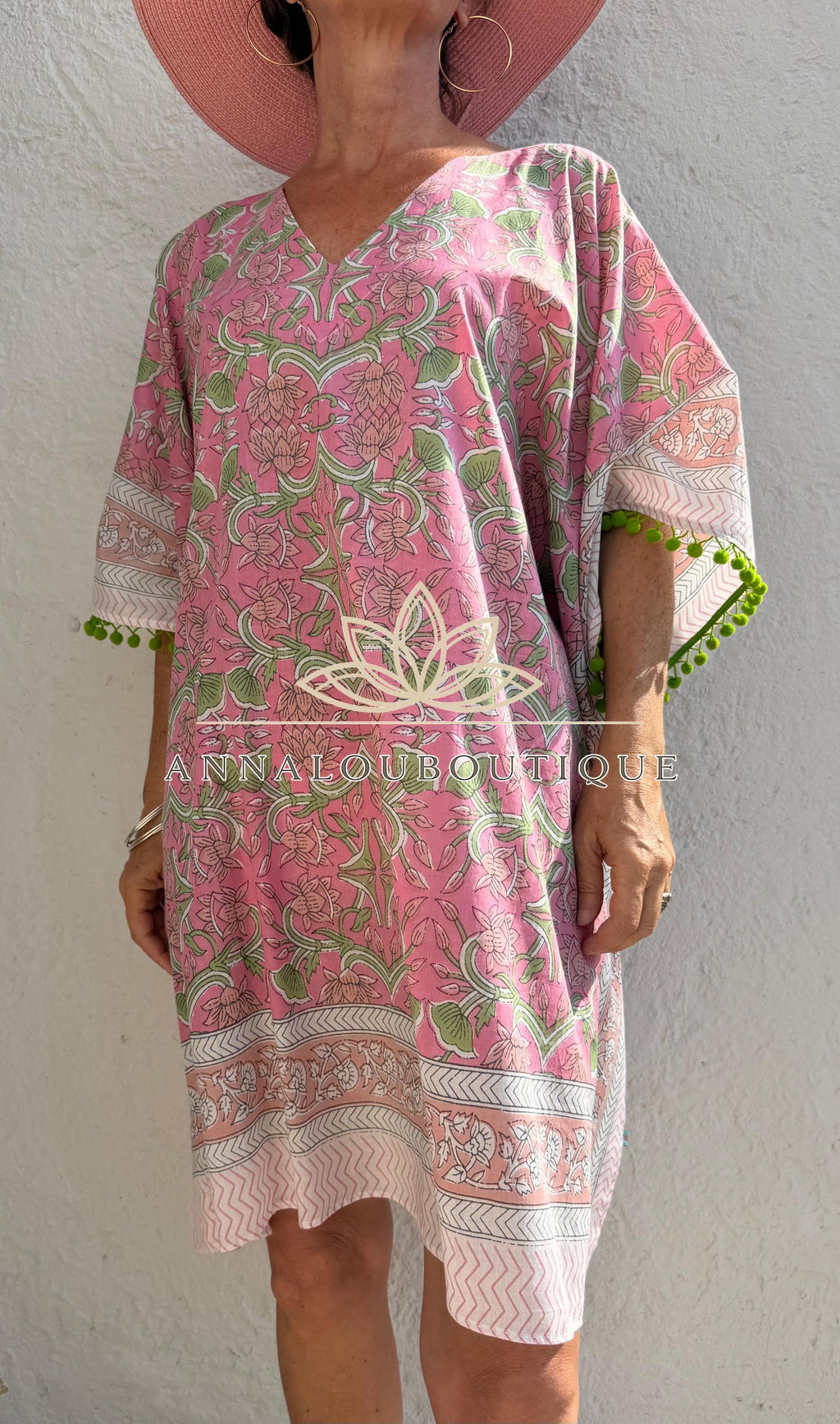 Pale Pink Floral Short Kaftan, Soft Cotton Beach Cover Up, Bohemian Poncho Dress, Hippie Chic Summer Wear, Unique Handmade Piece