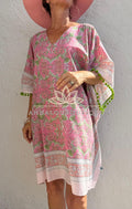 Pale Pink Floral Short Kaftan, Soft Cotton Beach Cover Up, Bohemian Poncho Dress, Hippie Chic Summer Wear, Unique Handmade Piece
