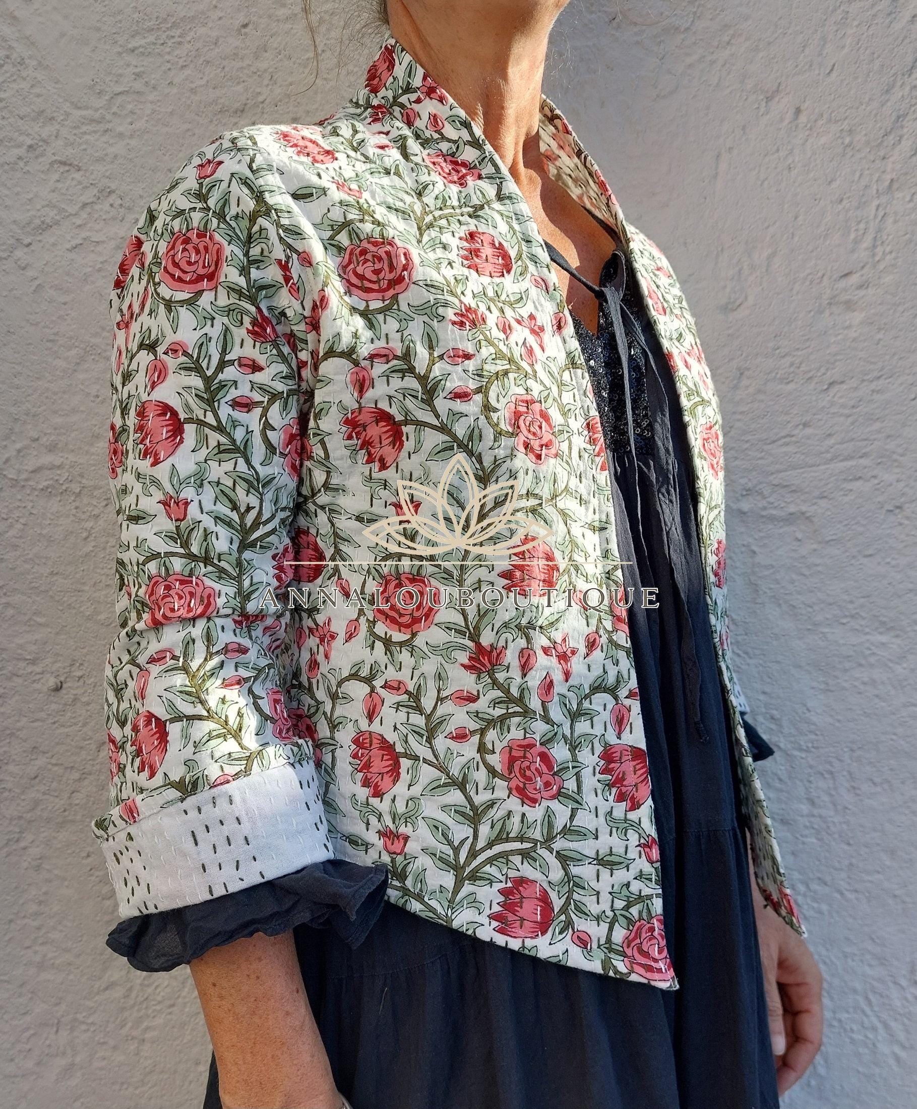 White Pink Floral Cotton Jacket, Open Front Bohemian Jacket, Trumpet Sleeve Cotton Layer, White Lining, Chic Casual Women’s Wear