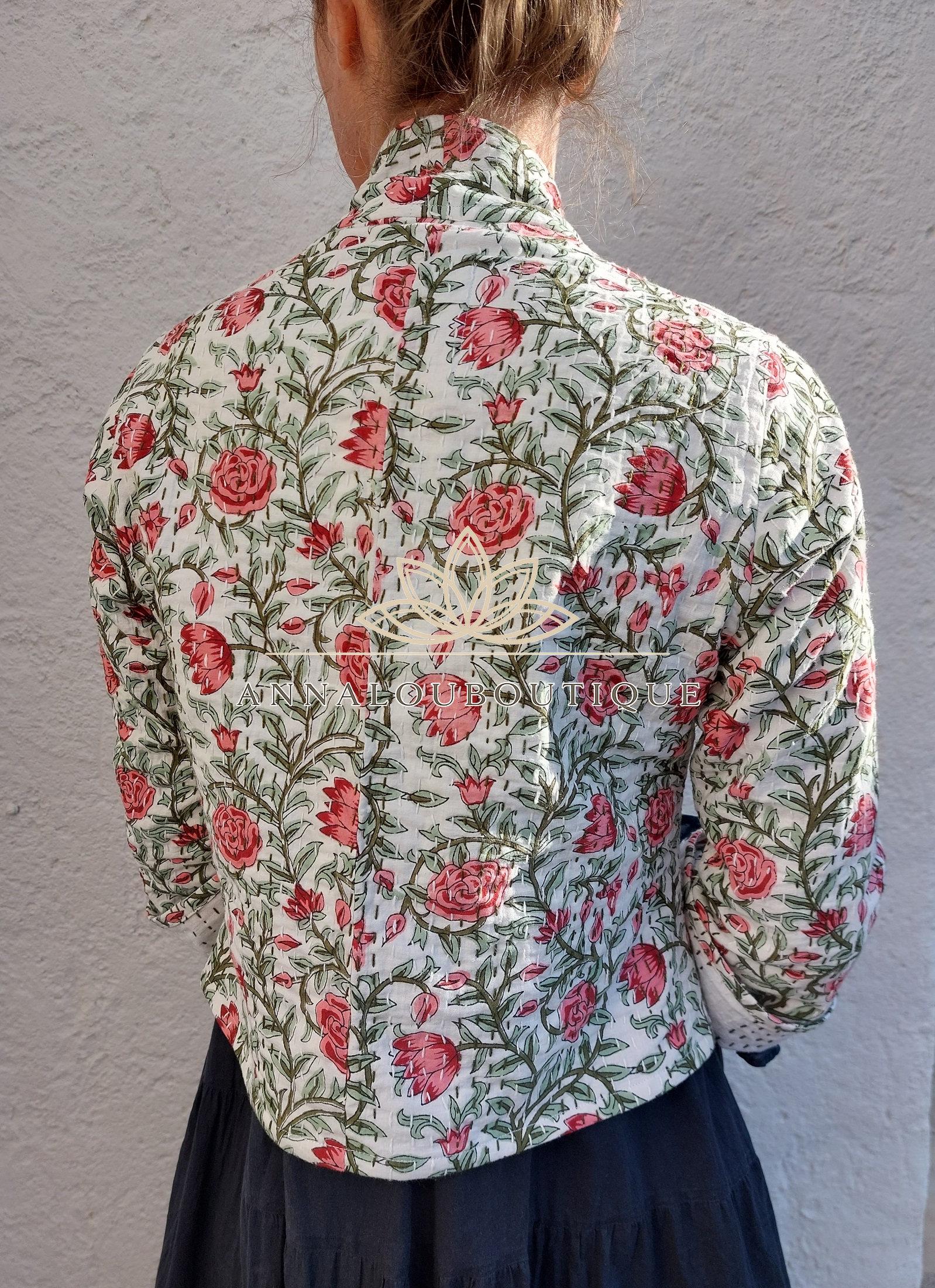 White Pink Floral Cotton Jacket, Open Front Bohemian Jacket, Trumpet Sleeve Cotton Layer, White Lining, Chic Casual Women’s Wear
