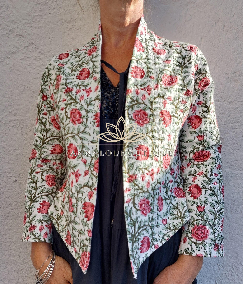White Pink Floral Cotton Jacket, Open Front Bohemian Jacket, Trumpet Sleeve Cotton Layer, White Lining, Chic Casual Women’s Wear