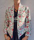 White Pink Floral Cotton Jacket, Open Front Bohemian Jacket, Trumpet Sleeve Cotton Layer, White Lining, Chic Casual Women’s Wear