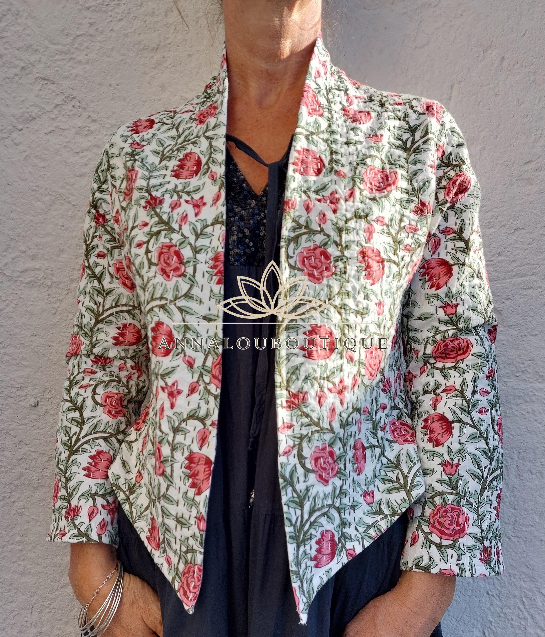 White Pink Floral Cotton Jacket, Open Front Bohemian Jacket, Trumpet Sleeve Cotton Layer, White Lining, Chic Casual Women’s Wear